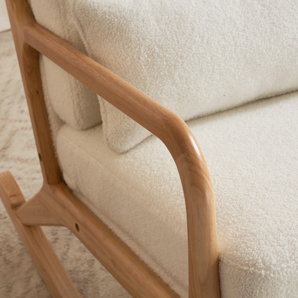 100*65*101cm High Back Belt Waist Pillow Log Color Solid Wood Armrest Backrest Seat Frame Iron Frame  Indoor Rocking Chair/armchair dual use Off-White Teddy Fleece