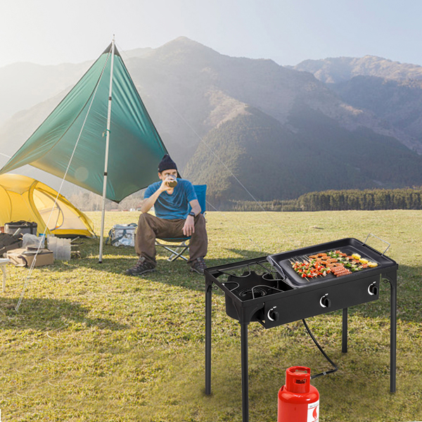 Outdoor Camp Stove High Pressure Propane Gas Cooker Portable Cast Iron Patio Cooking Burner (Three Burner 225000-BTU)