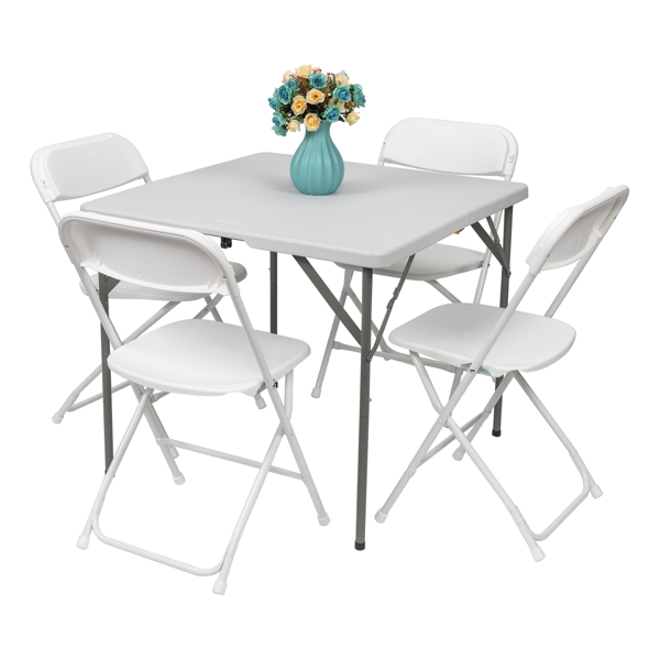 5 Pack White Plastic Folding Chair, Indoor Outdoor Portable Stackable Commercial Seat with Steel Frame 260lb. Capacity for Events Office Wedding Party Picnic Kitchen Dining（NOT INCLUDE TABLE）