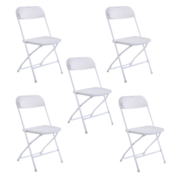 5 Pack White Plastic Folding Chair, Indoor Outdoor Portable Stackable Commercial Seat with Steel Frame 260lb. Capacity for Events Office Wedding Party Picnic Kitchen Dining（NOT INCLUDE TABLE）