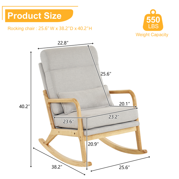 100*65*101cm High Back Belt Waist Pillow Log Color Solid Wood Armrest Backrest Seat Frame Iron Frame Indoor Rocking Chair/armchair dual use Light Gray Linen