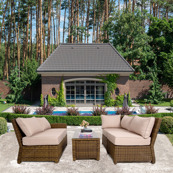 Outdoor Patio Furniture Set 4-Piece Rattan Sectional Sofa Sets Waterproof Patio Bistro Conversation Furniture Sets with Soft Beige Cushions Tempered Glass Table Khaki