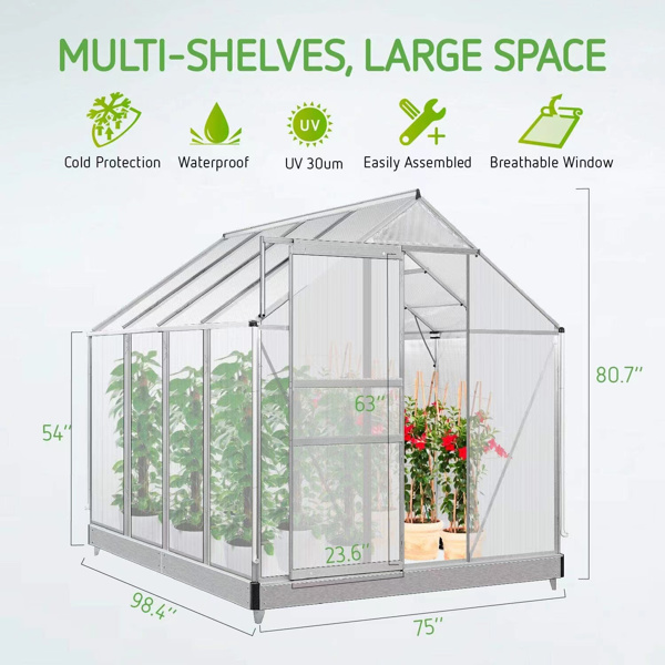 Outdoor 8 x 6FT Hybrid Polycarbonate Greenhouse 2 Vent Window with Lockable Hinged Door Walk-in Hobby Greenhouse Aluminum Hot House for Outdoor Garden Backyard Silver [Sale to Temu is Banned.Weekend c