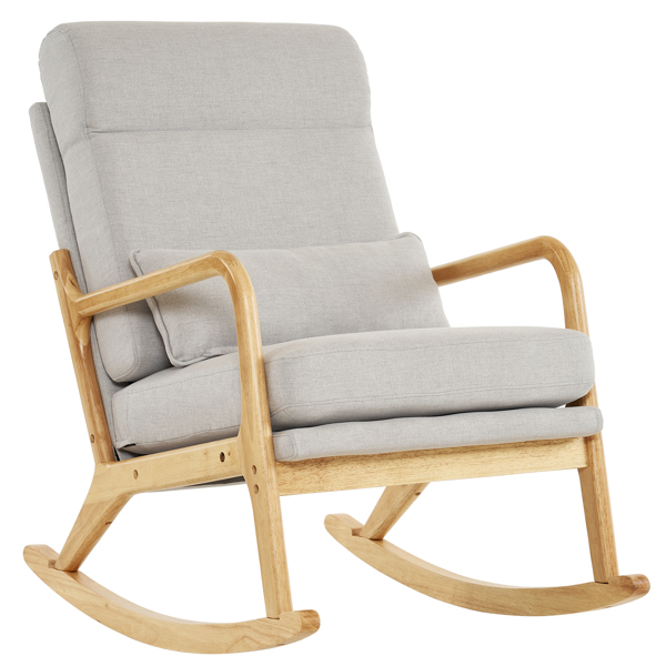 100*65*101cm High Back Belt Waist Pillow Log Color Solid Wood Armrest Backrest Seat Frame Iron Frame Indoor Rocking Chair/armchair dual use Light Gray Linen