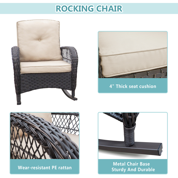 Outdoor Patio Wicker Rocker Chair, Porch Rattan Rocking Chair with Soft Cushions, Khaki