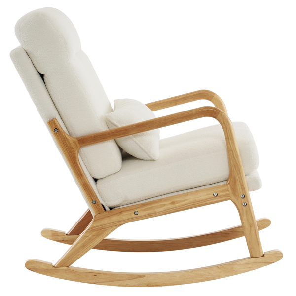 100*65*101cm High Back Belt Waist Pillow Log Color Solid Wood Armrest Backrest Seat Frame Iron Frame  Indoor Rocking Chair/armchair dual use Off-White Teddy Fleece