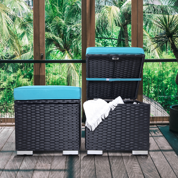 Outdoor Ottoman Patio Foot Rest 2 Pieces PE Rattan Foot Stool with Storage All Weather Outdoor Ottomans for Patio Multifunctional Waterproof Footstool Ottoman with Removable Cushion Black
