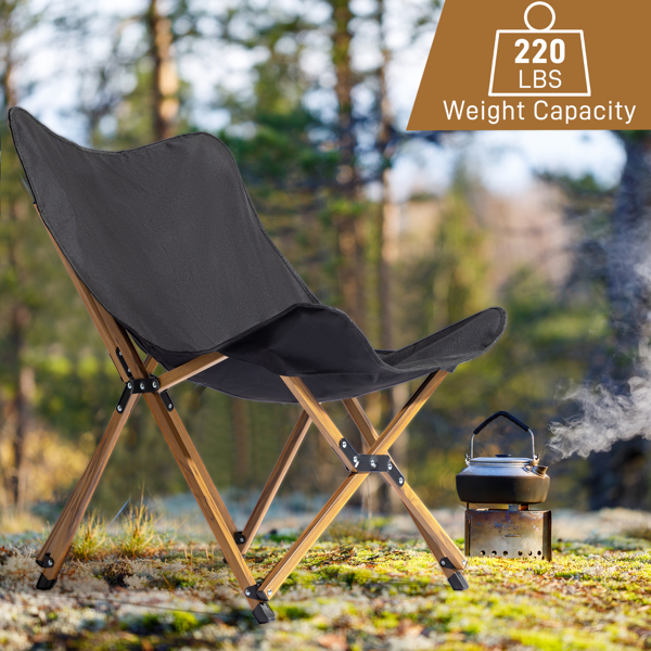 Folding Outdoor Camping Chair, Portable Stool for Fishing Picnic BBQ, Ultra Light Aluminum Frame with Wood Grain Accent, Black