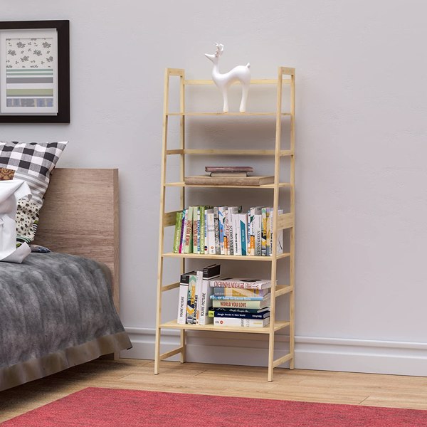 WTZ Bookshelf, Ladder Shelf, 4 Tier Tall Bookcase, Modern Open Book Case for Bedroom, Living Room, Office (Bamboo)