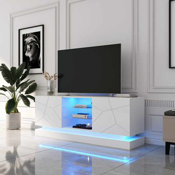 FCH White Modern LED TV Stand for 65-inch TV, High Glossy Gaming Entertainment Center with Double Door Storage, TV Media Center with Display Glass Shelves for Living Room, Bedroom