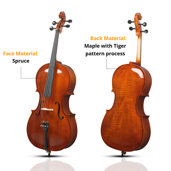 Full Side 4/4 Natural Color Spruce Panel Cello Tiger pattern process with Bag Bow Rosin Bridge Strings