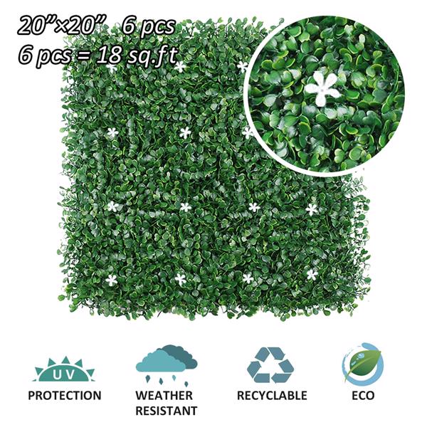 6 Pcs 20"x20"Artificial Greenery Grass Wall Panel,Faux Boxwood Hedge Panel with Flowers Decor