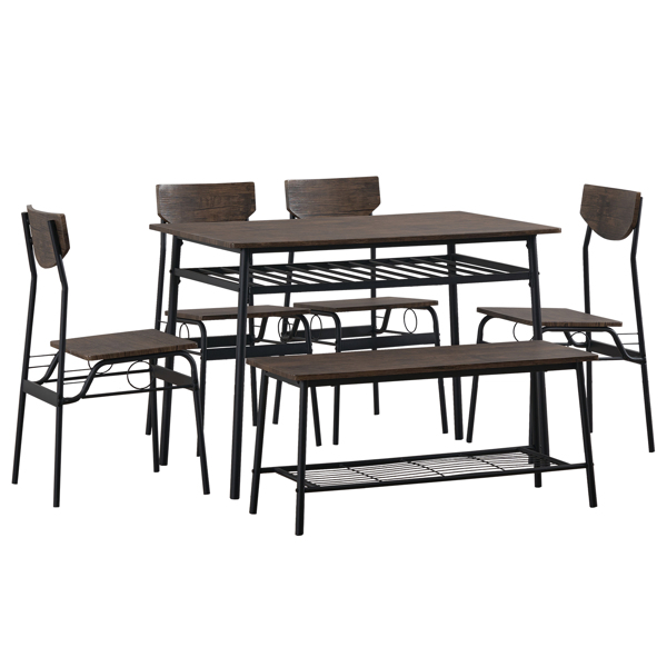 6-Piece Modern Dining Set for Home, Kitchen, Dining Room with Storage Racks, Rectangular Table, Bench, 4 Chairs, Steel Frame - Deep Elm Color