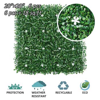 6 Pcs 20\\"x20\\"Artificial Greenery Grass Wall Panel,Faux Boxwood Hedge Panel with Flowers Decor