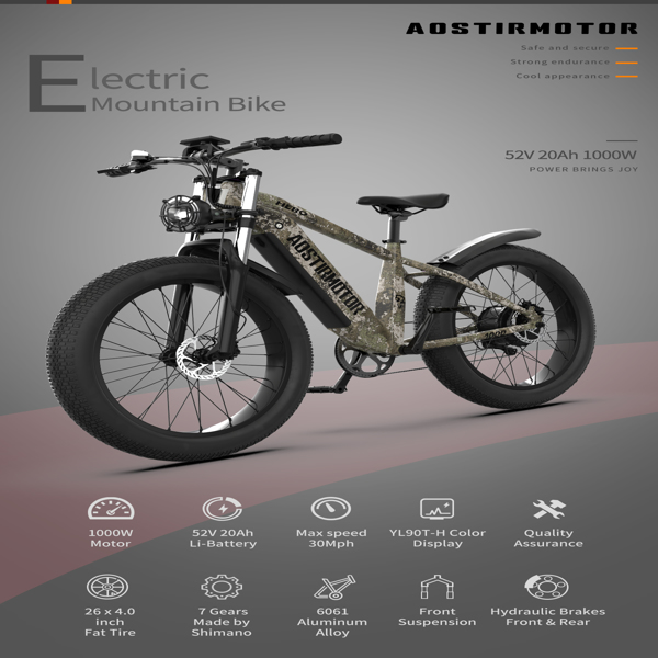 E-bike 26"1000W Electric Bike 52V 20Ah battery SAMSUNG All-terrain EBike Mountain Bicycle（Camouflage）