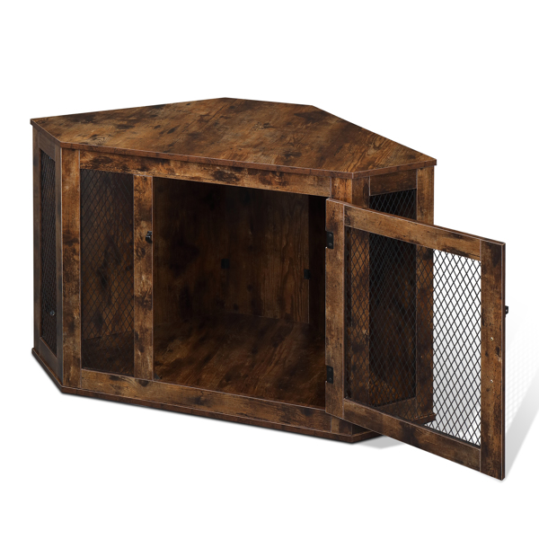 HOBBYZOO Furniture Corner Dog Crate, Lockable Doors, Dog Kennel with Wood and Mesh, Dog Crate for Small/Medium Dogs, Pet Crate Furniture, Dog House, Side End Table, Indoor Use, Rustic Brown