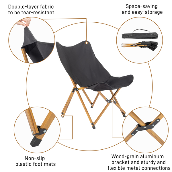 Folding Outdoor Camping Chair, Portable Stool for Fishing Picnic BBQ, Ultra Light Aluminum Frame with Wood Grain Accent, Black
