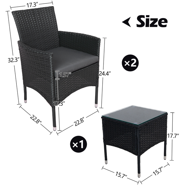 3 Pieces Outdoor Patio Wicker Furniture Sets Patio Conversation Sets PE Rattan Chair with Soft Cushions Lawn Poolside Chairs for Balcony Garden Backyard Porch Grey Cushion