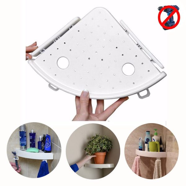 浴室墙角货架整理器，厨房角存储架无标记货架，带挂钩，易于安装(白色，一种尺寸)-2