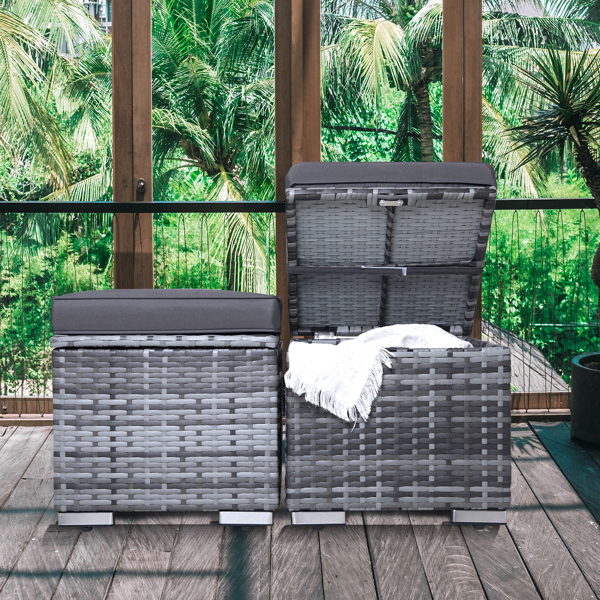Outdoor Ottoman Patio Foot Rest 2 Pieces PE Rattan Foot Stool with Storage All Weather Outdoor Ottomans for Patio Multifunctional Waterproof Footstool Ottoman with Removable Cushion Grey