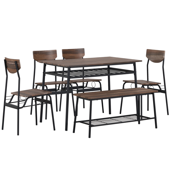 6-Piece Modern Dining Set for Home, Kitchen, Dining Room with Storage Racks, Rectangular Table, Bench, 4 Chairs, Steel Frame - Natural Color