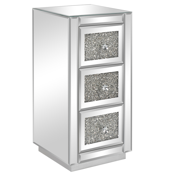 FCH Mirrored Nightstand with 3-Drawers, Crystal Accent Silver Side/End Table for Living Room Bedroom