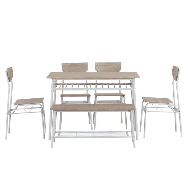 6-Piece Modern Dining Set for Home, Kitchen, Dining Room with Storage Racks, Rectangular Table, Bench, 4 Chairs, Steel Frame - White Oak Color