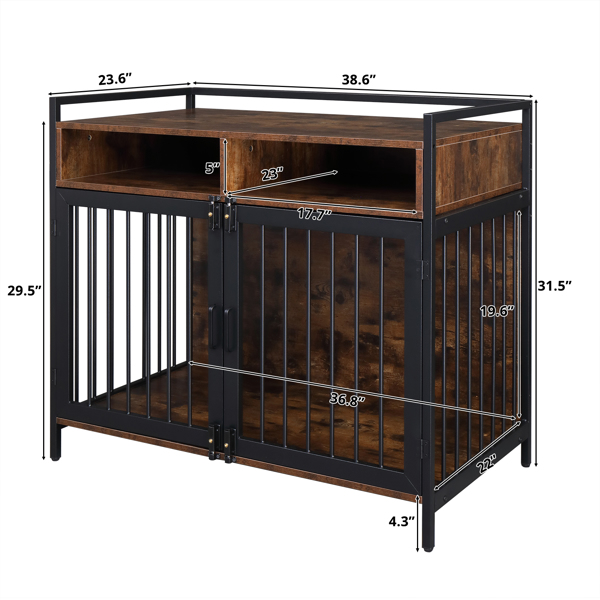 38.6 "Furniture Dog Cage, Metal Heavy Duty Super Sturdy Dog Cage, Dog Crate for Small/Medium Dogs, Double Door and Double Lock, with Storage and Anti-chew Features, Pet crate furniture, Rustic Brown