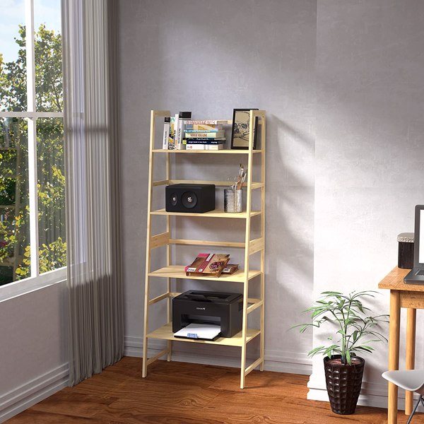 WTZ Bookshelf, Ladder Shelf, 4 Tier Tall Bookcase, Modern Open Book Case for Bedroom, Living Room, Office (Bamboo)