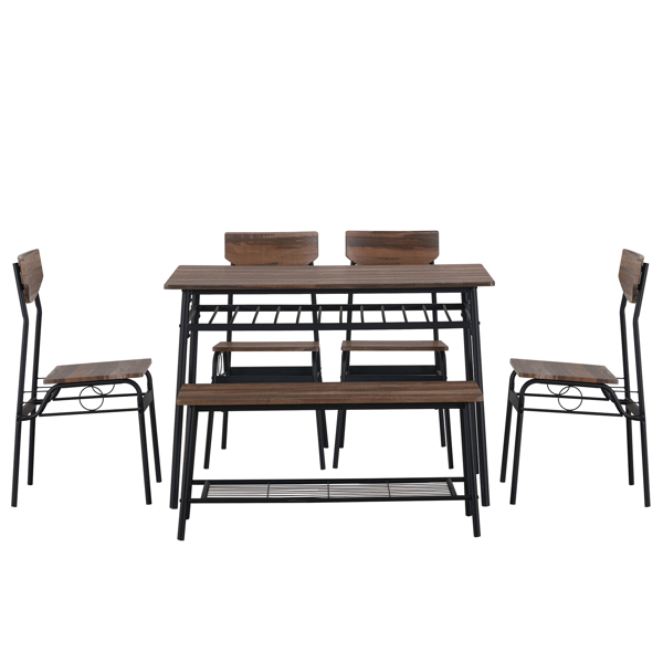 6-Piece Modern Dining Set for Home, Kitchen, Dining Room with Storage Racks, Rectangular Table, Bench, 4 Chairs, Steel Frame - Natural Color