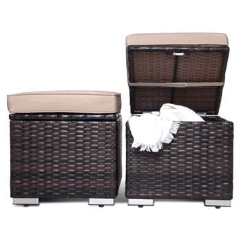 Outdoor Ottoman Patio Foot Rest 2 Pieces PE Rattan Foot Stool with Storage All Weather Outdoor Ottomans for Patio Multifunctional Waterproof Footstool Ottoman with Removable Cushion Brown
