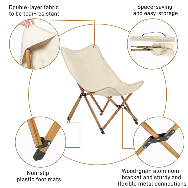 Folding Outdoor Camping Chair, Portable Stool for Fishing Picnic BBQ, Ultra Light Aluminum Frame with Wood Grain Accent, Khaki