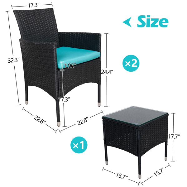 3 Pieces Outdoor Patio Wicker Furniture Sets Patio Conversation Sets PE Rattan Chair with Soft Cushions Lawn Poolside Chairs for Balcony Garden Backyard Porch LakeBlue Cushion
