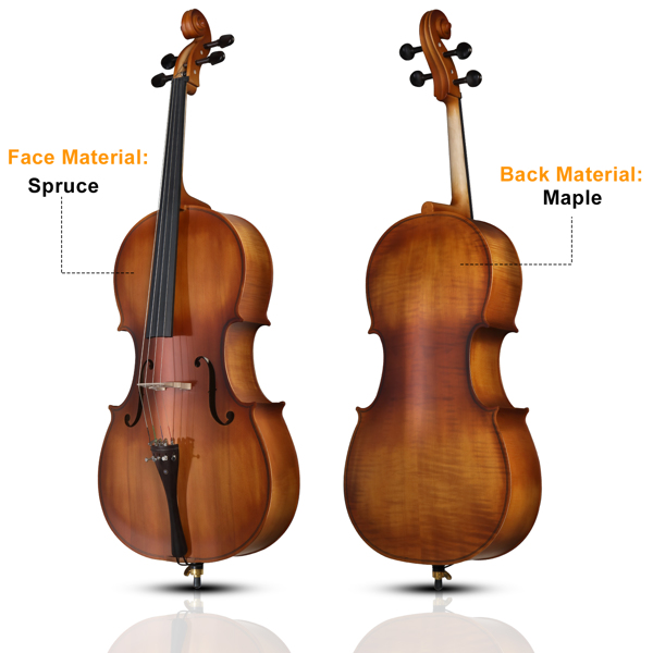 Full Side 4/4 Matte Natural Color Spruce Panel Cello with Bag Bow Rosin Bridge Strings