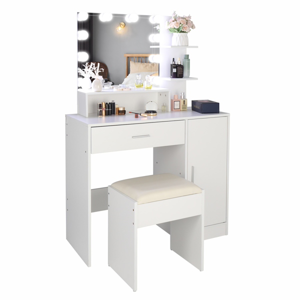FCH Large Vanity Set with 10 LED Bulbs, Makeup Table with Cushioned Stool, 3 Storage Shelves 1 Drawer 1 Cabinet, Dressing Table Dresser Desk for Women, Girls, Bedroom, White