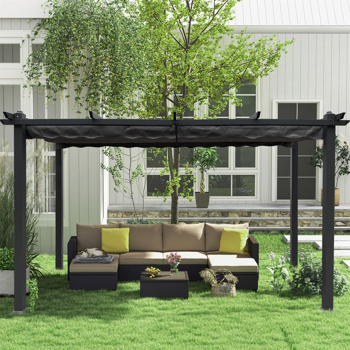 13 x 10 Ft Outdoor Patio Retractable Pergola With Canopy Sunshelter, Gray