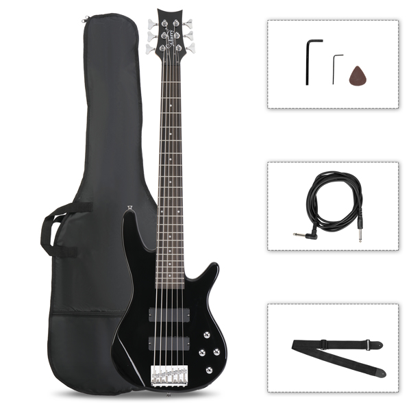 [Do Not Sell on Amazon]Glarry Full Size GIB 6 String H-H Pickup Electric Bass Guitar Bag Strap Pick Connector Wrench Tool Black
