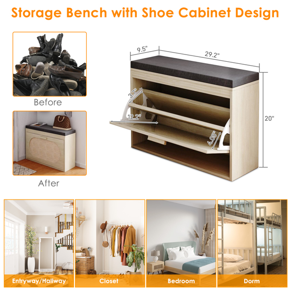 Rattan Shoe Rack, Hallway Shoe Bench, Shoe Cabinet with Flip-Drawer and Seat Cushion