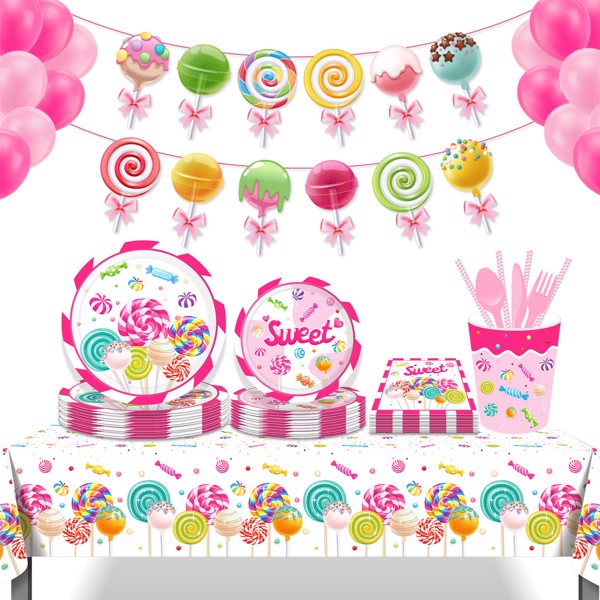 Lollipop Sweet Paper Plates Disposable Colorful Candy Party Supplies Happy Birthday Parties Festival Tableware Kit Serves 8 Guests for Kid Dinner Plates, Napkins, Cups, Knifes, Fork, Spoon 68PCS