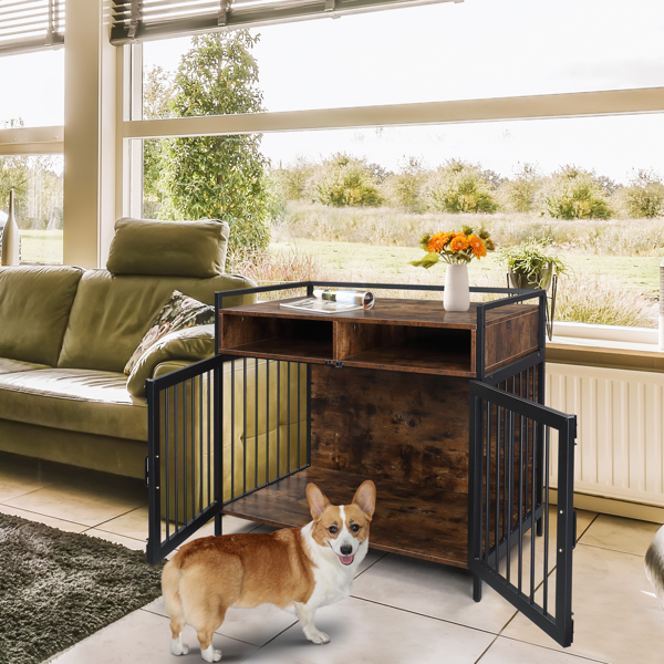38.6 "Furniture Dog Cage, Metal Heavy Duty Super Sturdy Dog Cage, Dog Crate for Small/Medium Dogs, Double Door and Double Lock, with Storage and Anti-chew Features, Pet crate furniture, Rustic Brown