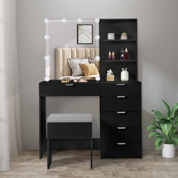   Particleboard Triamine Veneer 6 Pumps 2 Shelves Mirror Cabinet 3 Tone Light Bulbs Dressing Table Set Black