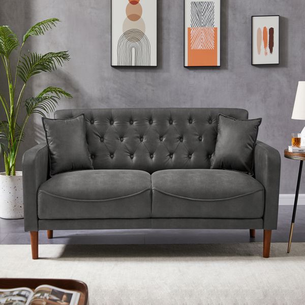 Gray PU Leather Sponge Sofa, Indoor Sofa, Removable Wooden Feet, Tufted Buttons