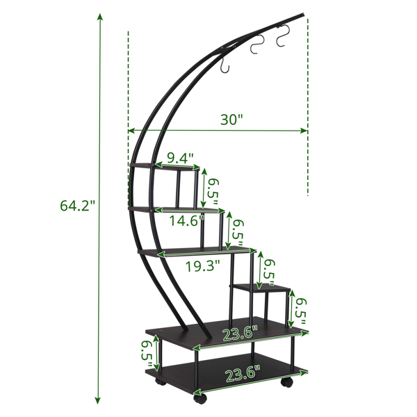 Artisasset 6 Tiers Semicircular Iron Wood With Wheels Iron Planter Black