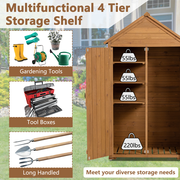 39.56"L x 22.04"W x 68.89"H Outdoor Storage Cabinet Garden Wood Tool Shed Outside Wooden Closet with Shelves and Latch, Brown