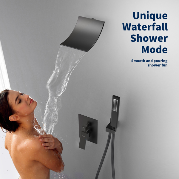 Male NPT Waterfall Shower head with Handheld, Matte Black Bathtub Shower Faucet with High Flow Wall Mount Tub Faucet, Single Handle Bathroom Tub Mixer Tap Hand Shower System with Curved Spout Commerci