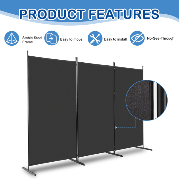 6FT Trifold 160g Polyester Fabric Plastic Foot Carbon Steel Frame Foldable Screen Black