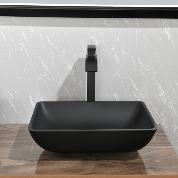 14.38" L -22.25" W -4.38" H Matte Shell  Glass Rectangular Vessel Bathroom Sink in Black with  Faucet and Pop-Up Drain in Matte Black