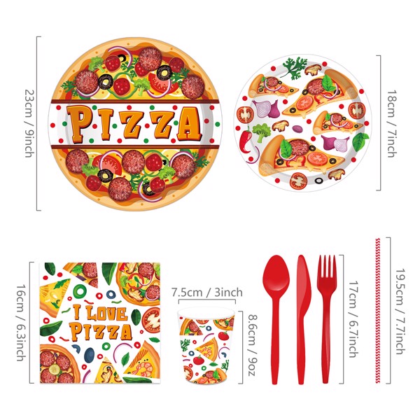 Pizza Paper Plates Color Food Party Plates and Napkins Party Supplie Birthday Disposable Tableware Set Party Dinnerware Serves 8 Guests for Plates, Napkins, Cups 68PCS