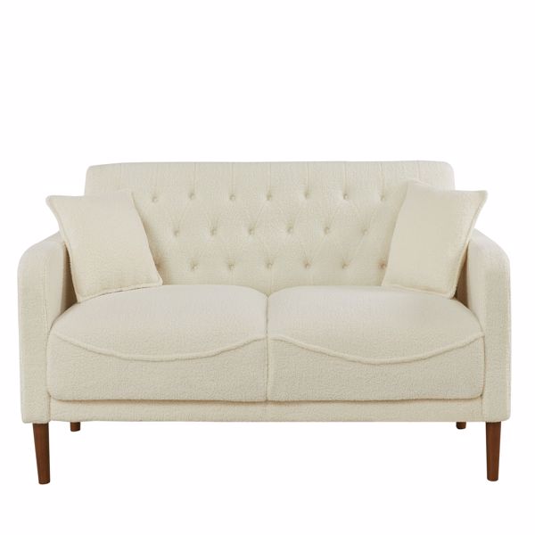 Beige Teddy Velvet Sponge Sofa, Indoor Sofa, Removable Wooden Feet, Tufted Buttons