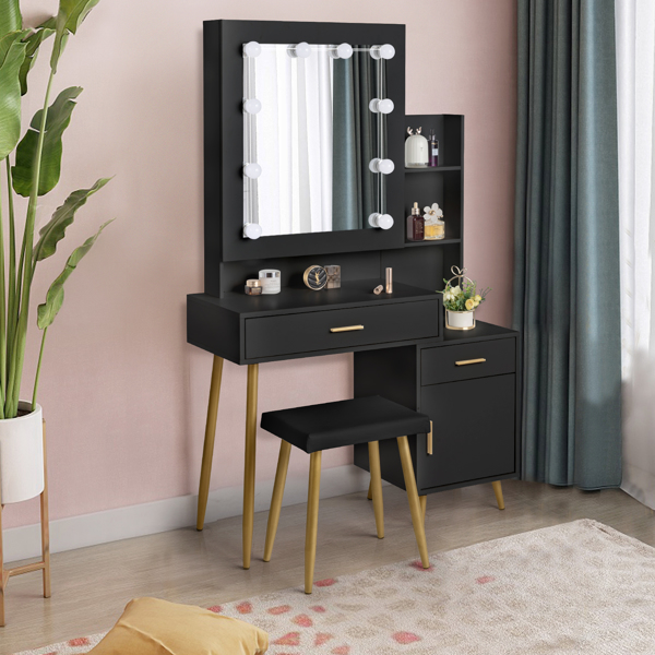  Particleboard Triamine Veneer 2 Drawers 1 Door 2 Shelves Mirror Cabinet 3 Light Bulbs Dressing Table Set Black